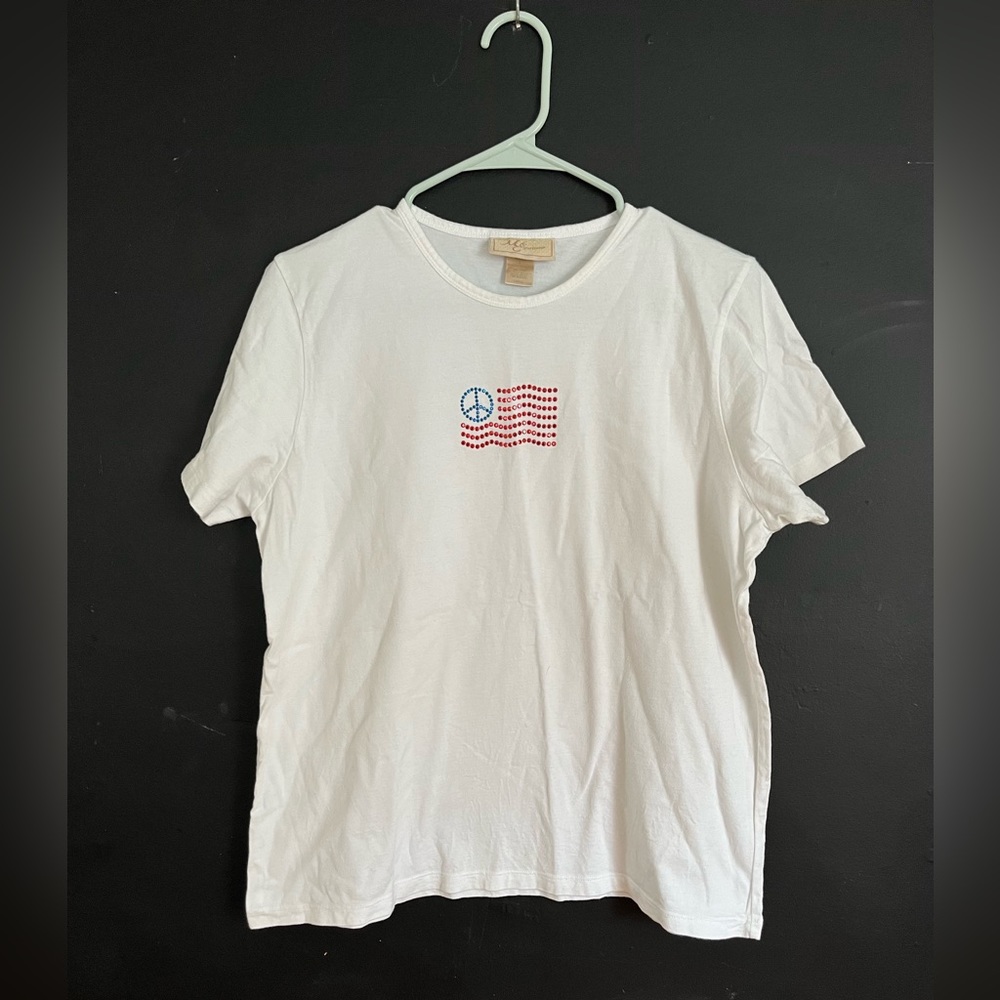 American Flag White Tee - Rhinestoned Peace Sign Hippie American flag tee - L